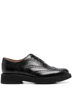 jet black calf leather smooth grain perforated detailing branded insole almond toe front lace-up fastening low block heel flat sole Business Lace-up Shoes With Round Toe And Perforations, Classic Lace-up Shoes With Textured Sole And Almond Toe, Business Lace-up Shoes With Perforations And Round Toe, Business Low-top Oxfords With Brogue Detailing, Oxford Leather Shoes With Brogue Detailing, Business Oxfords With Perforations And Round Toe, Classic Business Leather Shoes With Perforations, Wingtip Dress Shoes With Perforations For Business, Semi-formal Oxfords With Perforated Toe Box