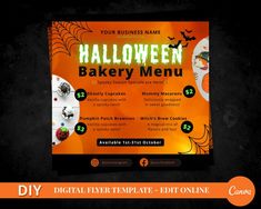 a halloween bakery menu with pumpkins and spider webpage design on the front cover