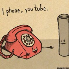 an old fashioned phone is sitting next to a tall tube that says i phone, you tube