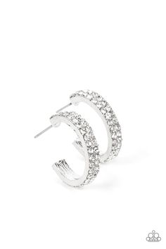 Sparkling white rhinestones line the front of a petite silver hoop, creating edge to edge shimmer. Earring attaches to a standard post fitting. Hoop measures approximately 3/4" in diameter. Sold as one pair of hoop earrings. White Hoop Earrings, Tiny Hoop Earrings, Mixed Metal Jewelry, Sparkle Earrings, Paparazzi Accessories, White Jewelry, White Rhinestone, Paparazzi Jewelry, White Earrings