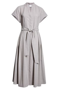 Generous pleats bring fullness to the skirt of this cap-sleeve midi dress cut from fine mélange stretch wool and cinched with a wide sash. Hidden-button placket Band collar Cap sleeves Side-seam pockets Removable sash 93% virgin wool, 7% elastane Dry clean Made in Italy Designer Clothing Elegant Belted Pleated Dress For Work, Elegant Short Sleeve Shirt Dress With Pleated Waist, Spring Workwear Dresses With Box Pleat, Workwear Belted Dress With Pleated Waist, Belted Fitted Pleated Dress For Work, Fitted Belted Pleated Dress For Work, Chic Short Sleeve Midi Dress With Box Pleat, Classic Short Sleeve Belted Dress, Classic Belted Business Casual Dress