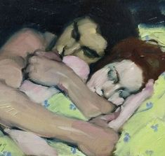 a painting of a woman laying in bed with her head on the pillow