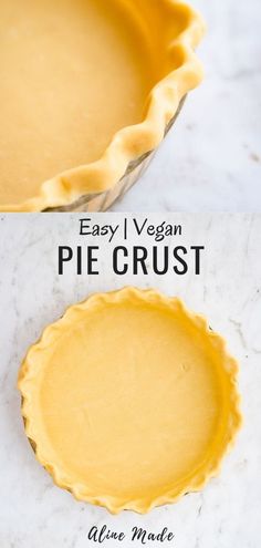 two pie crusts on top of each other with the words easy vegan pie crust