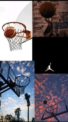 four different shots of basketball going through the hoop and into the basket at sunset or dawn