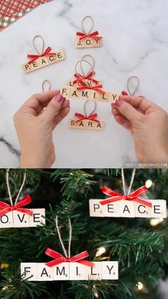 christmas ornament made from scrabbles and wood blocks that spell out the word peace