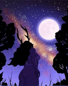 the silhouette of a woman standing in front of a full moon and stars filled sky