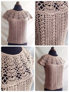 crocheted top with openwork on the shoulders and back, in three different views