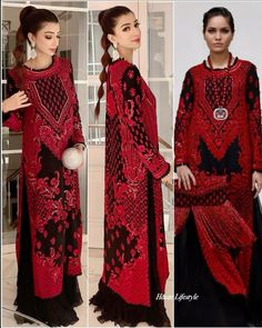 two pictures of women in red and black dresses with long sleeves, one is wearing an elaborate