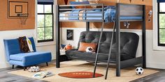 a bunk bed with a futon underneath it and a blue chair next to it