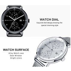 Description Mirror: high hardness and wear-resistant glass mirrorMovement: Quartz MovementClasp type: solid steel buckleWaterproof: 35m life waterproofDial diameter: 42mmDial thickness: 12.3mmStrap width: 20mmStrap length: 243mmWeight: 53g Free Return & Exchange FREE RETURNS on all US orders! The following conditions must be met: 1. Items must be returned within 45 days after the purchase date. 2. Items must be unworn. undamaged and in original packaging. Mens Fashion Watches, Simple Man, Mens Watches Black, Fashion Watch, Watch Sale, Watch Case, Men's Watch, Silver Watch, Gold Rose