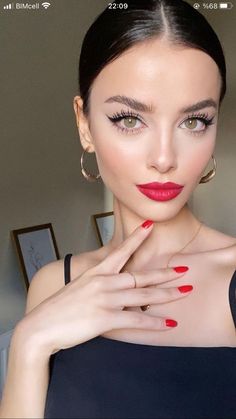 Slicked Back Hairstyles, Red Lip, Red Nails, Nail Polish, Hairstyles, Nails, Hair Styles