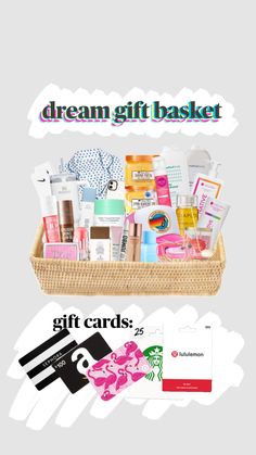 a basket filled with lots of different items next to a sign that says dream gift basket