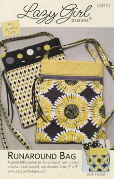 three bags with yellow and black designs on the front, one has a cross body strap