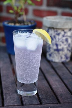 a glass filled with ice and lemon sitting on top of a wooden table next to potted plants