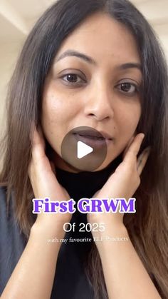 a woman holding her hands to her face with the words first grwm on it