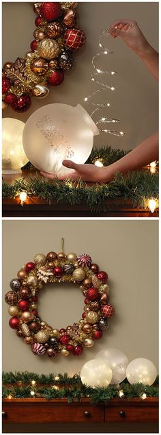 three pictures showing how to make a christmas wreath with balls and lights on the mantle