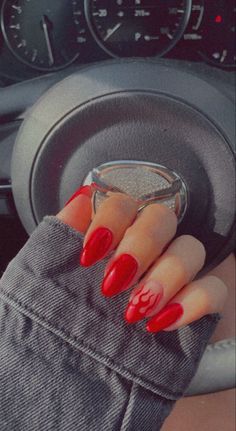 Red Nails With Line Design, Red Nails Trendy 2024, Fire Red Nails Design, Glitter Flames Nails, Red Nails Flame Design, Red Chrome Flame Nails, Flame Nails Almond Shape, Red Fire Nails Acrylic