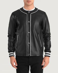 Varsity Baseball Jersey With Contrast Stripes, Classic Black Varsity Jacket With Baseball Collar, Sporty Leather Jacket With Baseball Collar For Streetwear, Black Varsity Jacket With Striped Cuffs And Baseball Collar, Black Varsity Jacket With Striped Cuffs For Streetwear, College Varsity Jacket With Contrast Collar, Black Varsity Jacket With Striped Cuffs, Classic Varsity Jacket With Ribbed Cuffs And Baseball Collar, College Varsity Jacket With Striped Cuffs And Baseball Collar