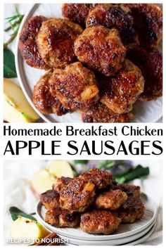 Two photos, one of a closeup of several cooked, round breakfast sausages stacked on a plate of and a second photo of 3 stacked plates with about 9 homemade breakfast sausages stacked on top with cinnamon sticks, an apple wedge, a half an apple, apple leaves sitting around the plate with some purple flowers in the background, all sitting on a white kitchen towel with text that says Homemade Breakfast Chicken Apple Sausages. Ground Beef Breakfast Recipes, Virta Recipes, Homemade Breakfast Sausage Recipe, Pork Patties, Pork Sausage Recipes, Homemade Breakfast Sausage, Homemade Sausage Recipes, Breakfast Sausage Recipes, Sausage Patties