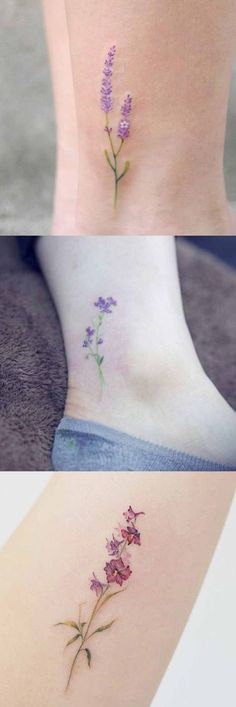 three different tattoos with flowers on the side of their legs, and one has a small flower