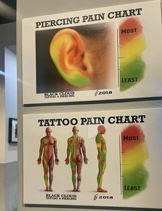 two signs showing the different types of piercings on each side of their ears and behind them is an image of a man's body