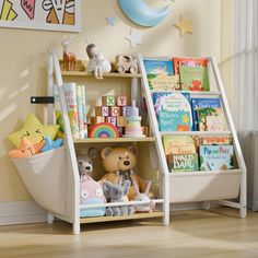 a child's book shelf filled with books and toys