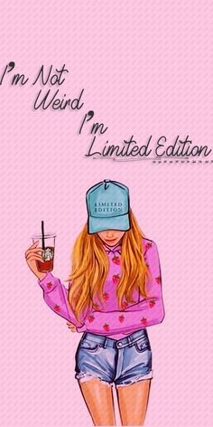 a girl in pink shirt and denim shorts holding up a drink with the caption, i'm not weird im limited edition