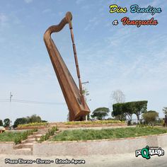 a large wooden instrument sitting on top of a lush green field