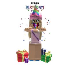 a woman in a birthday hat is surrounded by presents