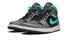 The Air Jordan 1 Mid “Grey/Aqua” incorporates both muted and bold hues of color on Michael Jordan’s first signature shoe in mid-top height.  This “Grey/Aqua” colorway features the combination of black, Smoke, and Aurora Green hues, which evokes a tangible “Tiffany” vibe seen on the popular Nike SB Dunk series.  The upper displays a black leather base of the perforated toe and mid-panel.  Contrasting grey leather overlays can be found on the forefoot, eyelets, collar, and heel.  Aqua tumbled leather Swoosh detailing dots the mid-panel and underlay of the collar.  Black “Wings” branding appears on the Smoke leather overlay on the collar.  Additional Aqua accenting is visible on the Jumpman logo on the black nylon tongue tab. Air Jordan 1 Mid Grey, Nike Airmax 95, Nike X Travis Scott, Mid Top Shoes, Converse Run, Low Air Jordan 1, Converse Run Star, Jordan 8, Adidas Spezial