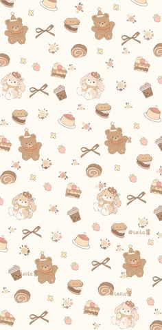 a white background with teddy bears and cakes