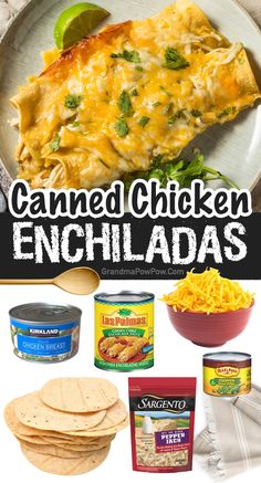 an image of canned chicken enchiladas on a plate with tortilla chips