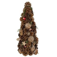 a christmas tree made out of pine cones and other holiday decorations on a white background