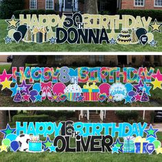 three birthday yard signs in front of a house