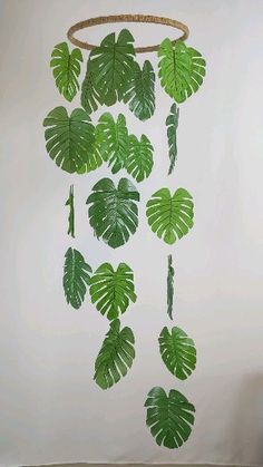 a green plant hanging from the side of a white wall next to a wooden floor