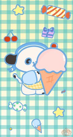 an animal eating ice cream on top of a checkered table cloth with other items around it