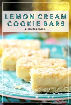 lemon cream cookie bars on a blue plate