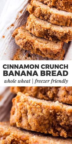 cinnamon crunch banana bread cut in half and stacked on top of each other with text overlay