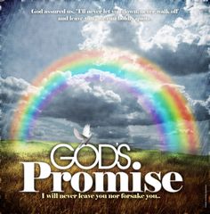 the poster for god's promise, with a rainbow in the sky and clouds