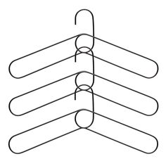 four metal clothes hangers are shown in black and white, with one hanging on the wall