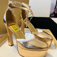 Metallic Snake Embossed Leather Ankle Strap. Rubber Sole, Height 5.25”, Platform Height 1.5”, Very Comfortable To Wear! Never Used Before. Michael Kors Shoes, Embossed Leather, Women's Shoes Sandals, Ankle Strap, Rubber Sole, Shoes Sandals, Michael Kors, Size 10, Women Shoes