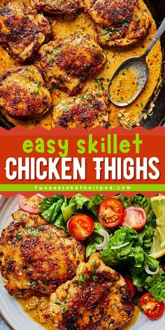 Easy Skillet Chicken Thighs are the perfect family friendly dinner! Ready in less than 30 minutes, this chicken dish features chicken thighs in garlic cream sauce, all made in one skillet. Try it tonight for a kid friendly meal!