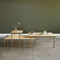 two wooden tables with plants on them in front of a green wall and white floor