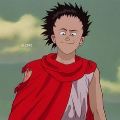 an anime character with black hair wearing a red scarf and looking at the camera while standing in front of clouds