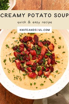 creamy potato soup in a white bowl on a wooden table with text overlay that reads, creamy potato soup quick and easy recipe