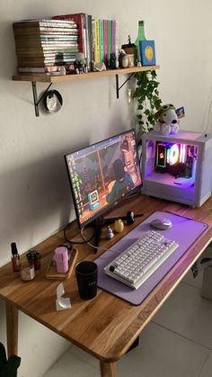 a desk with a keyboard, mouse and monitor on it in front of a plant