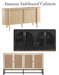 the sideboard cabinets are made from wood and have rattan doors on each side