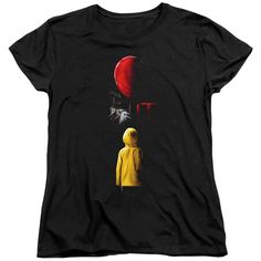 This It Movie Red Balloon women's t-shirt, has Pennywise handing a red balloon to Georgie on the front. Front print only. 100% Cotton - Preshrunk Printed in the USA Officially Licensed Merchandise Losers Club, Red Balloon, Womens T Shirt, Movie Poster, Black Tee, Mens Tank Tops, Stranger Things, Short Sleeve Tee, Womens Shirts