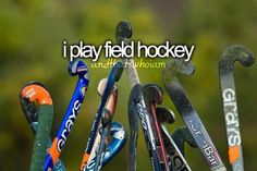 there are many different types of skis in this picture with the words i play field hockey