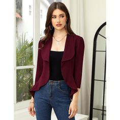 This 3/4 sleeve blazer jacket is crafted from premium fabric that is soft, lightweight, skin-friendly, and stretchy for comfortable wear. The draped open front blazer features classic 3/4 sleeves, flowy drape ruffle hem, lapel collar, solid color, and slim fit design for a professional look without being cumbersome. Suitable for formal occasions like schools, offices, and meetings, as well as casual events such as coffee outings and parties. Can be paired with navel suspenders, vests, skirts for Cropped Suit Jacket, Womens Tailored Suit, Cropped Suit, Women's Business Casual, Lightweight Open Front Cardigan, Business Casual Blazer, Knit Sweater Coat, Elegant Blazers, Business Casual Work